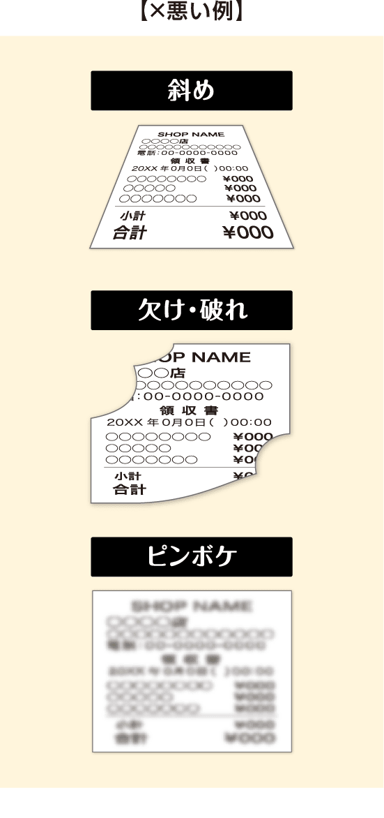 悪い例：斜め、欠け・破れ、ピンボケ