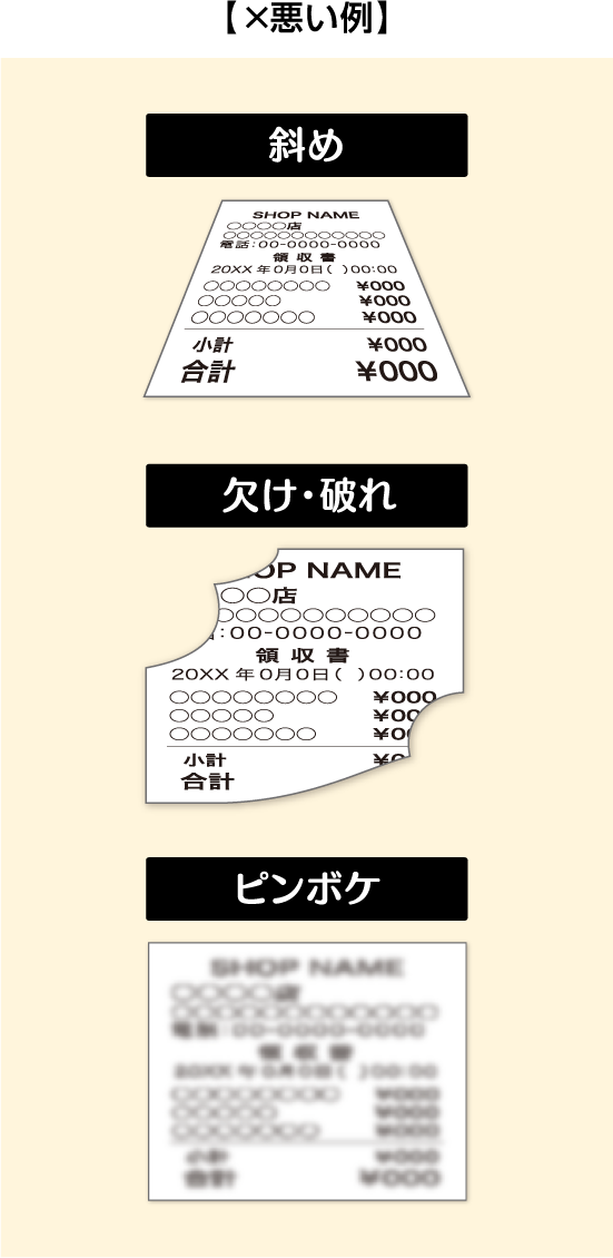 悪い例 斜め、欠け・破れ、ピンボケ